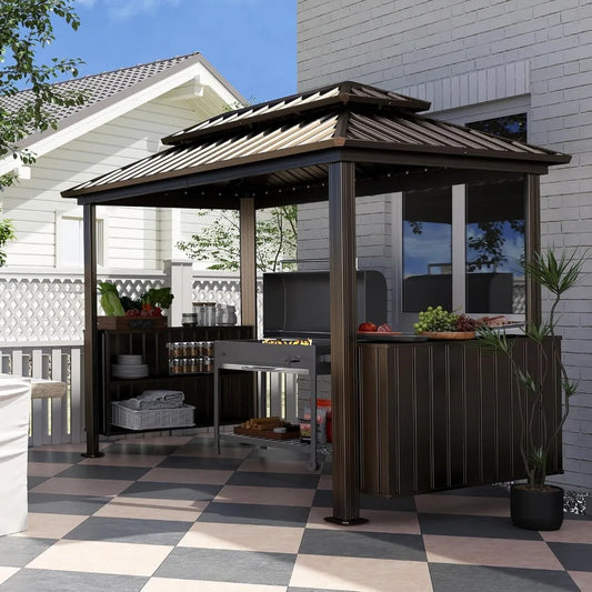 6x10FT Hardtop Grill Gazebo Outdoor BBQ Gazebo with Double Galvanized Steel Roof Patio Grill Canopy with 2 Cabinets