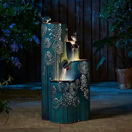 31.75 Inch Outdoor Water Fountain with LED Lights and Pump 4 Tier Dandelion Texture Vase Shaped Ceramic Floor Standing Fountain