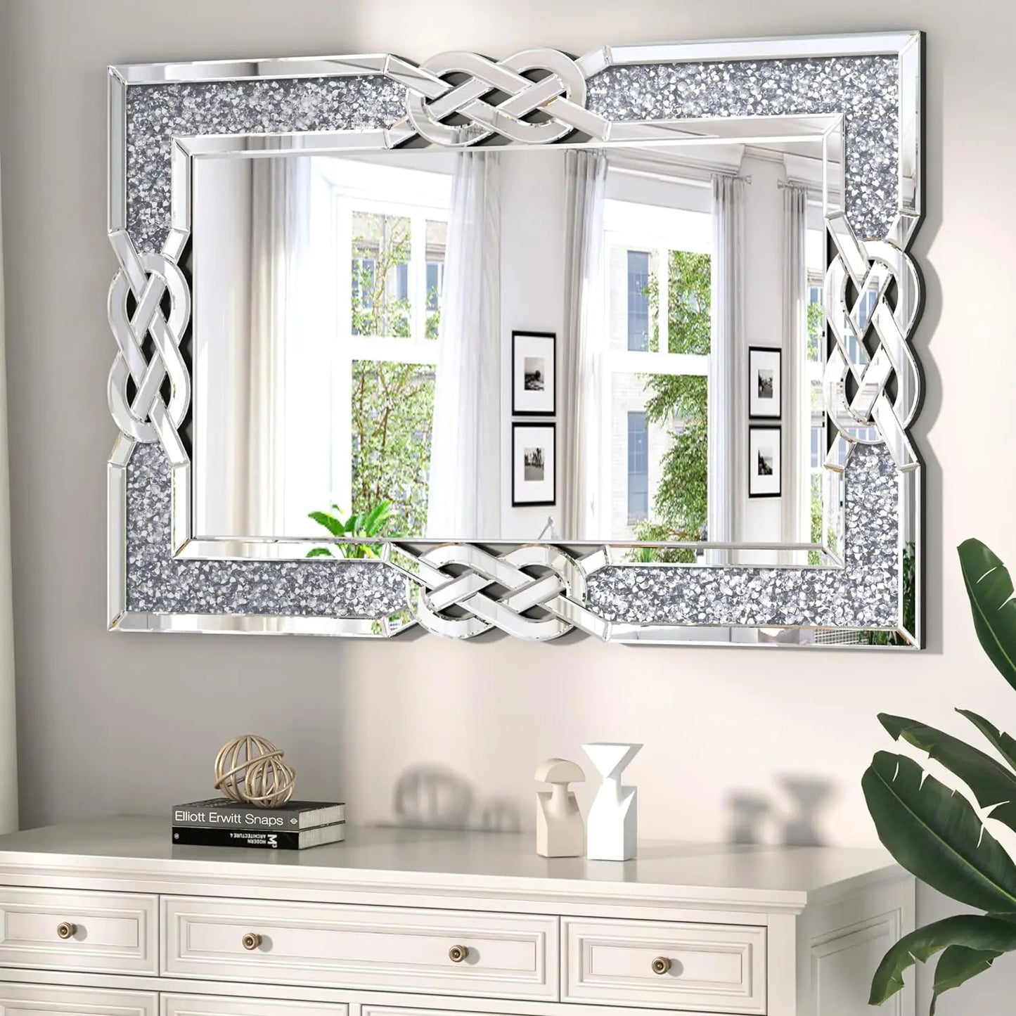 90/100/120CM Large Crystal Crush Diamond Mirror Vanity Silver Decorative Wall Hang Mirror - Cheerful Home Finds
