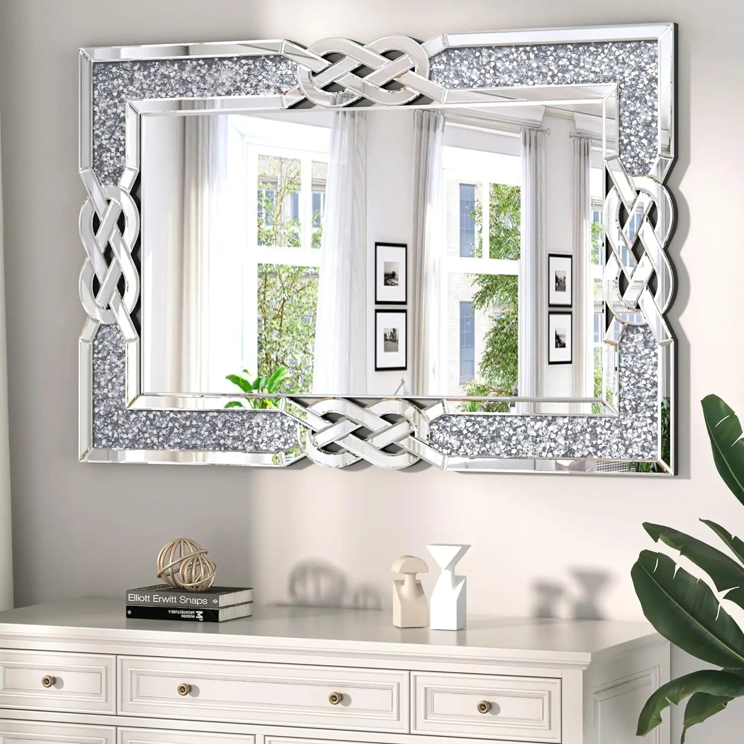 90/100/120CM Large Crystal Crush Diamond Mirror Vanity Silver Decorative Wall Hang Mirror - Cheerful Home Finds