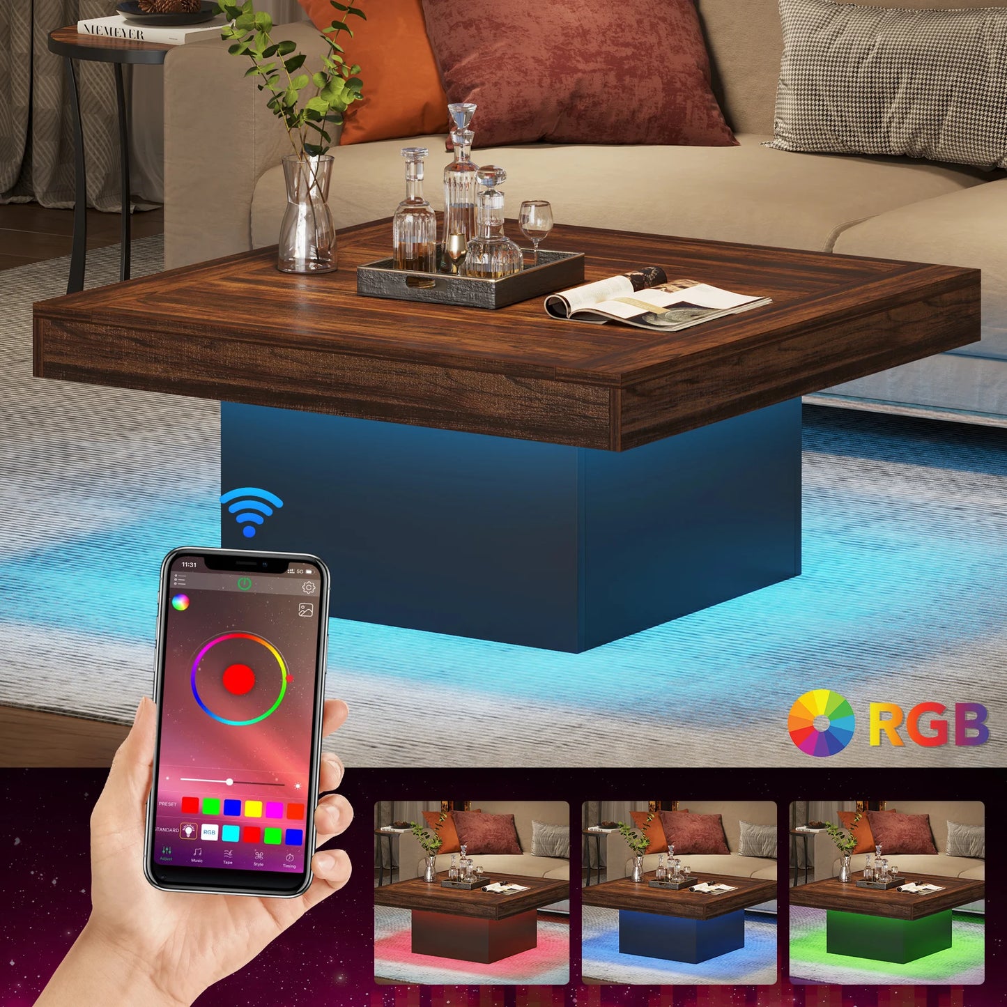 Tribesigns Square LED Coffee Table Engineered Wood Low Coffee Table for Living Room Rustic Brown and Black