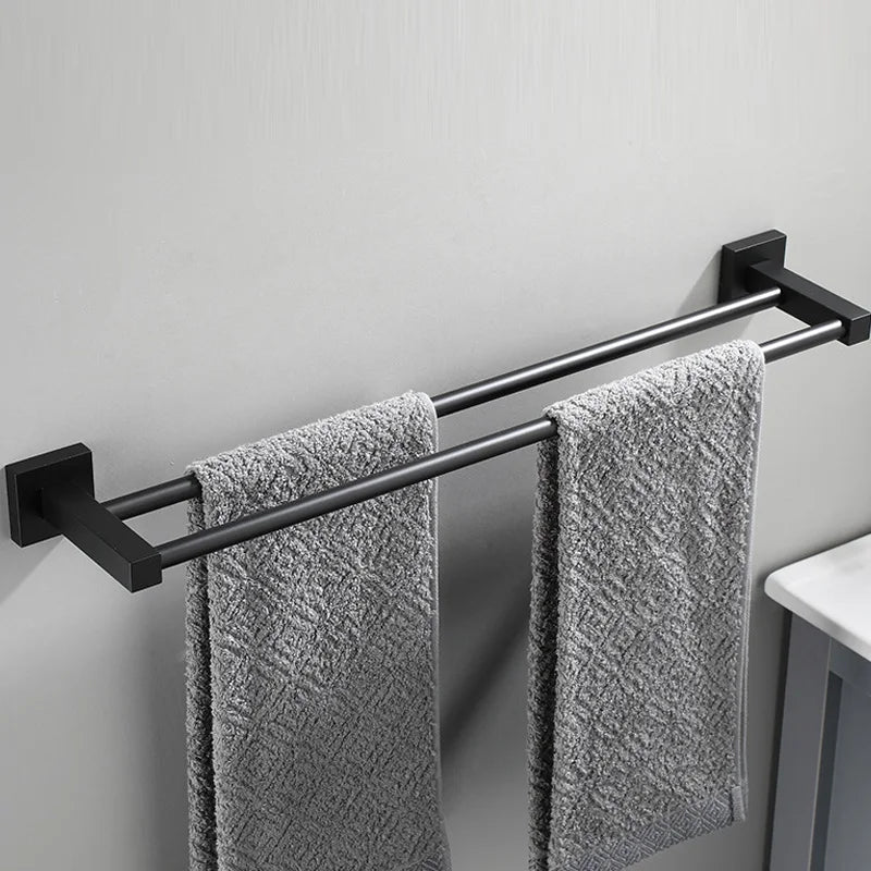 Matte Black Aluminium Bathroom Double Towel Shelf Rack - Cheerful Home Finds