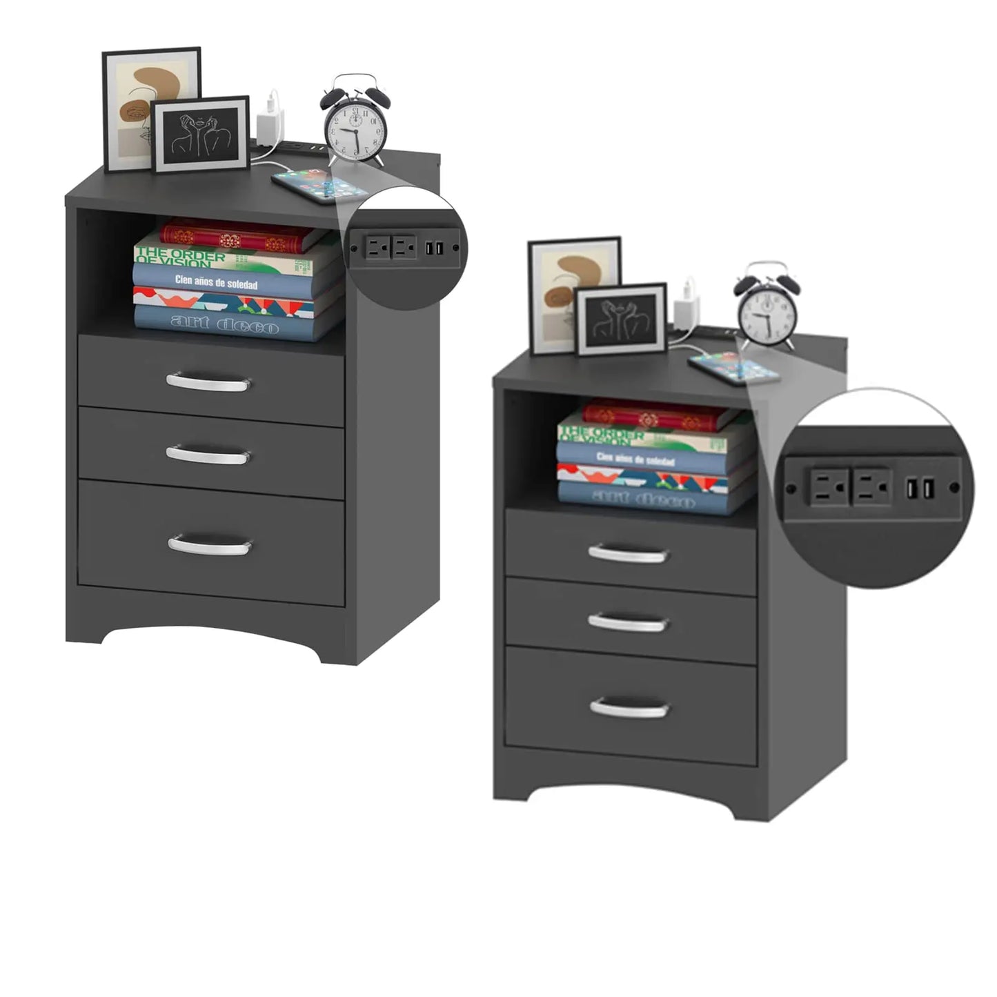 Vabches Nightstand Set of 2 with Charging Station and 3 Drawers - Cheerful Home Finds