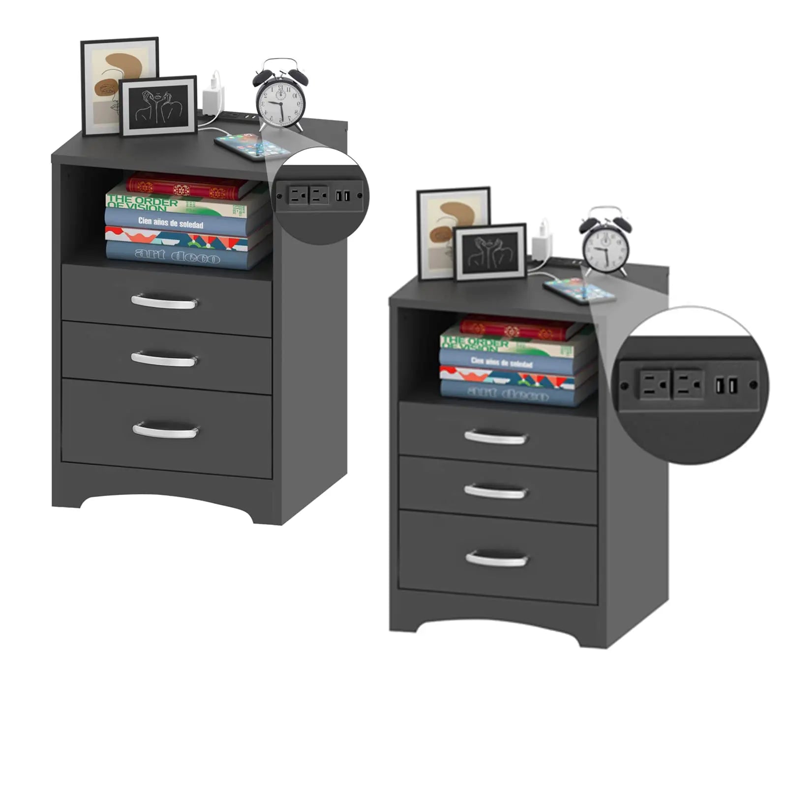 Vabches Nightstand Set of 2 with Charging Station and 3 Drawers - Cheerful Home Finds