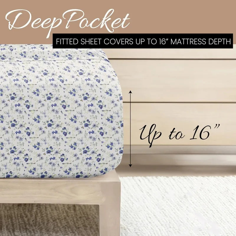 4 Piece Queen Sheet Set Light Blue Floral Ultra Soft Cooling Bed Sheets - Cheerful Home Finds
