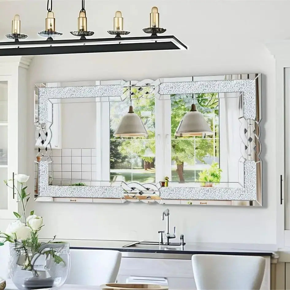 90/100/120CM Large Crystal Crush Diamond Mirror Vanity Silver Decorative Wall Hang Mirror - Cheerful Home Finds