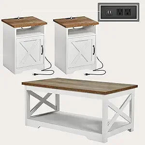 3 Piece Farmhouse Living Room Table Set with Coffee Table and 2 End Tables Charging Station and USB Ports Distressed White