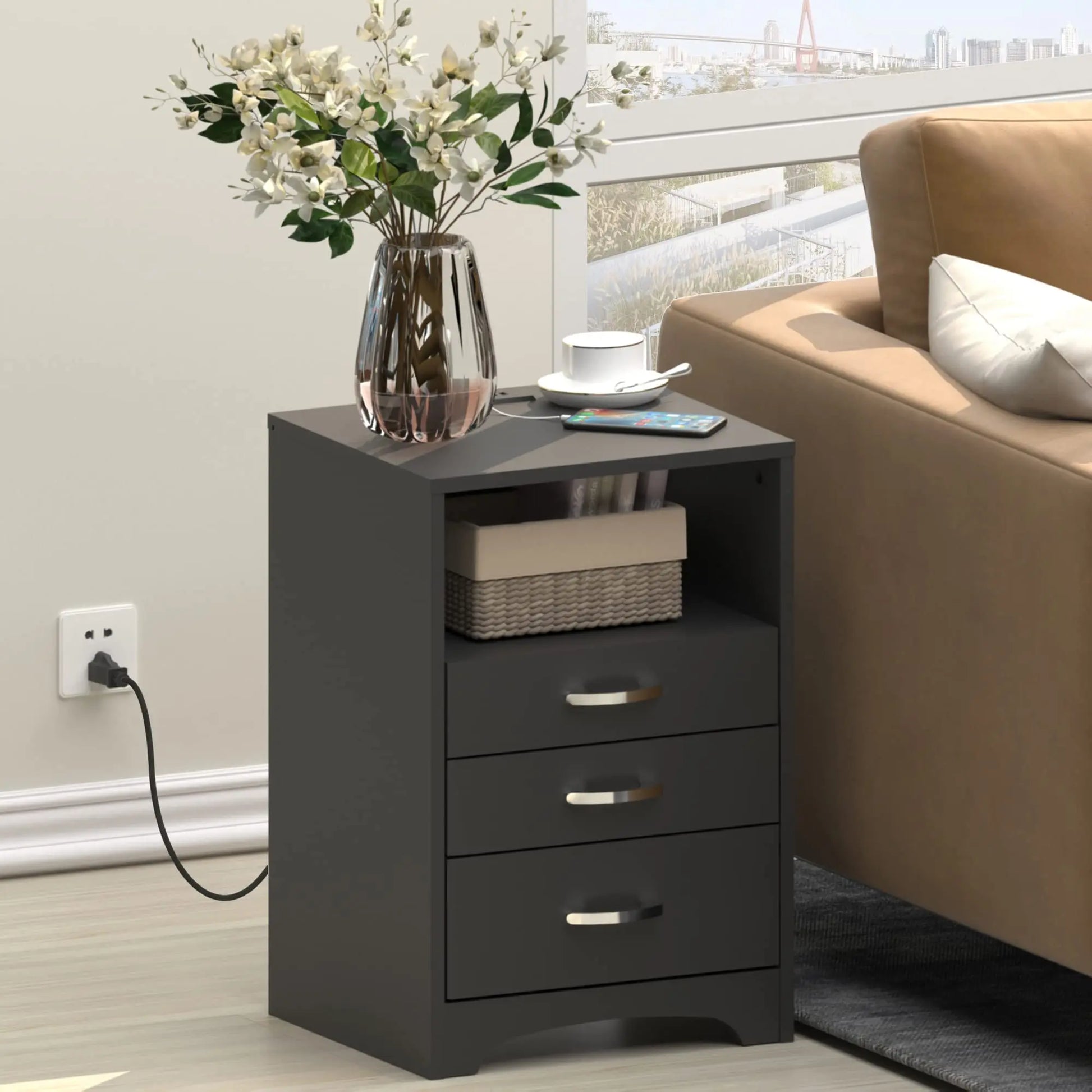 Vabches Nightstand Set of 2 with Charging Station and 3 Drawers - Cheerful Home Finds