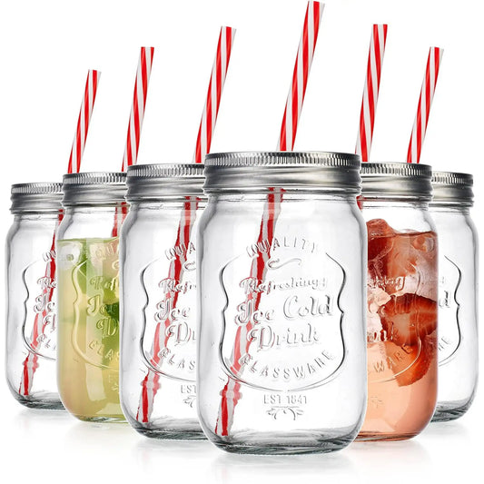 Jar Glass Set Ice Cold Mason Jar Cups with Lids and Straws 15 Oz - Cheerful Home Finds