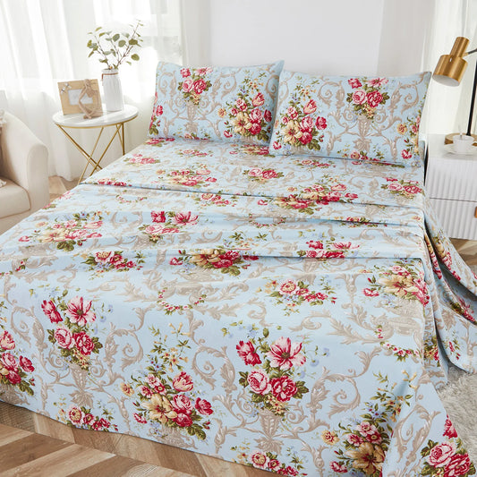 4 Piece 600 TC 100 Percent Cotton Fitted Sheet Set Vintage Red Rose In Light Blue Soft Breathable And Skin Friendly - Cheerful Home Finds