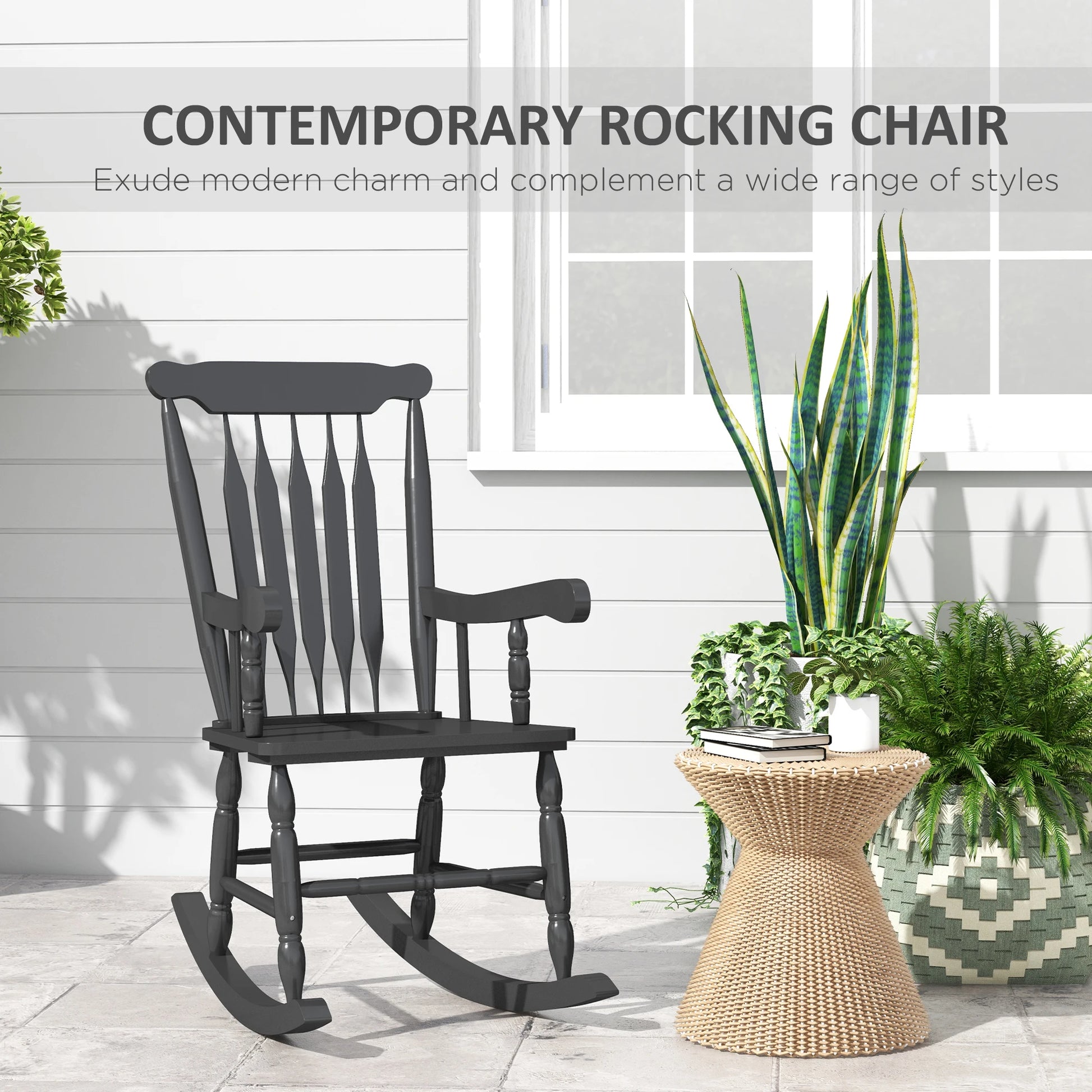 Outsunny 350 Lbs Outdoor Wood Rocking Chair Black High Back - Cheerful Home Finds
