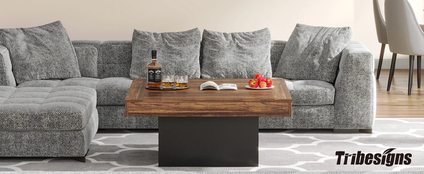 Tribesigns Square LED Coffee Table Engineered Wood Low Coffee Table for Living Room Rustic Brown and Black