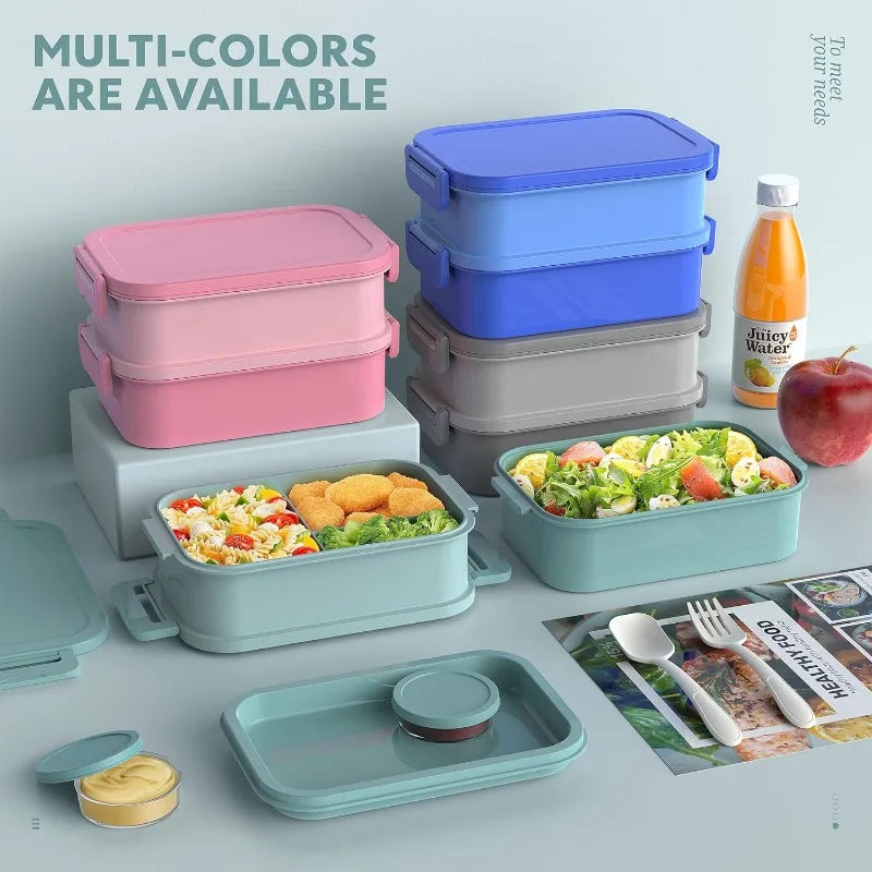 72oz Three Layers All in One Large Bento Box Leak Proof with Utensil Sauce Dressing Containers for Dining Out Work Green