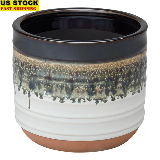 8 Inch Round Ceramic Planter With Reactive Finish Drainage