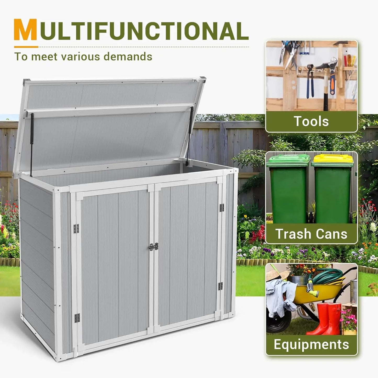 41 Cu Ft Horizontal Outdoor Storage Shed Weatherproof Resin with Floor Gas Spring Lockable Doors