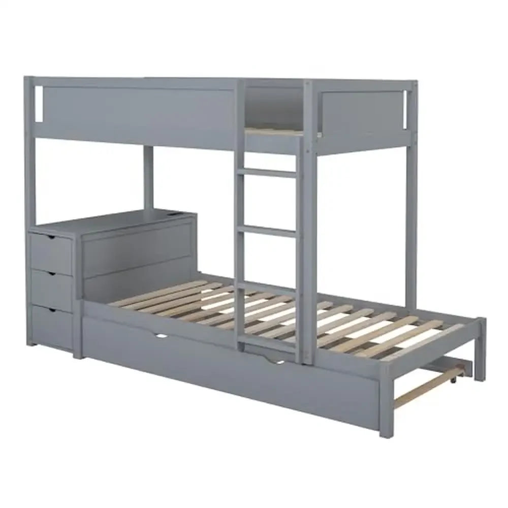 Twin Over Twin Bunk Beds with Desk Storage Drawers Trundle Charging Station Kids Teens Girls Gray Wood Frame 65.4"H 300 lbs - Cheerful Home Finds