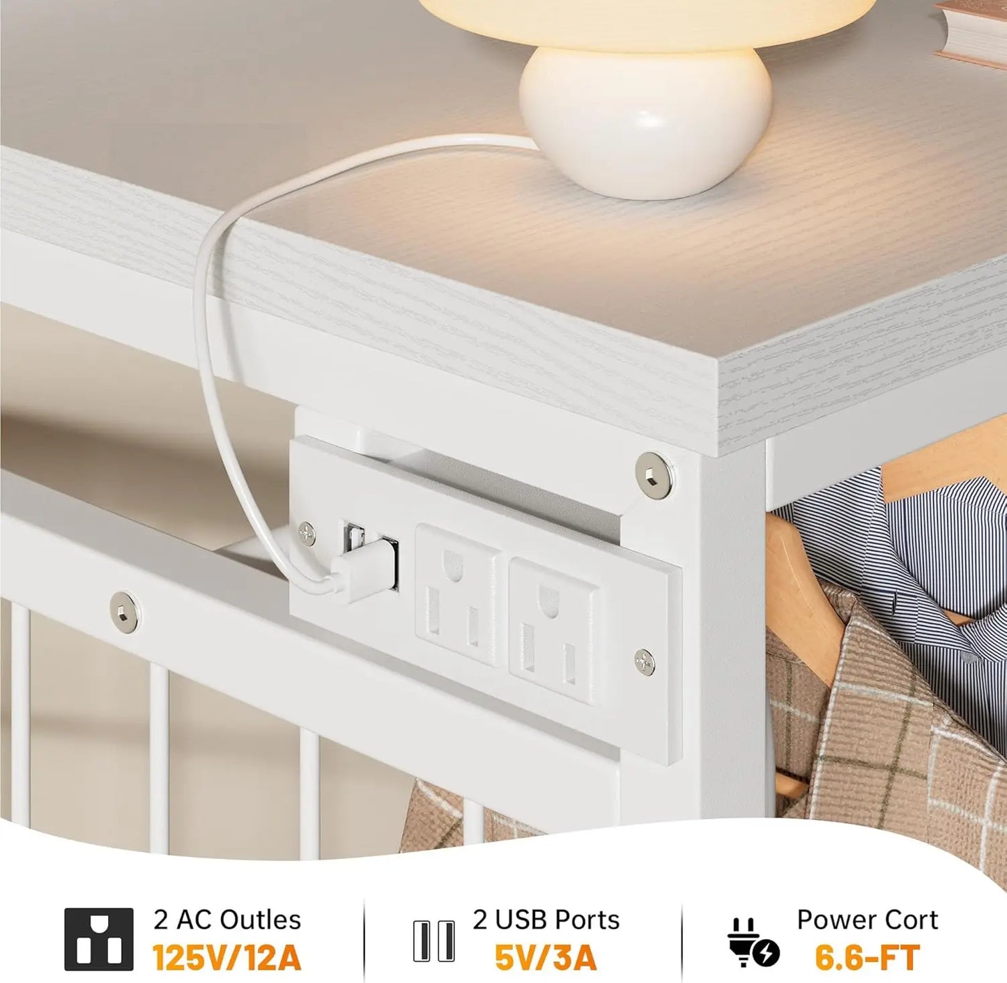 49.2 Inch White Dresser for Bedroom with Hanging Rack and Six Drawers LED Lights and Charging Station Fabric Dressers - Cheerful Home Finds