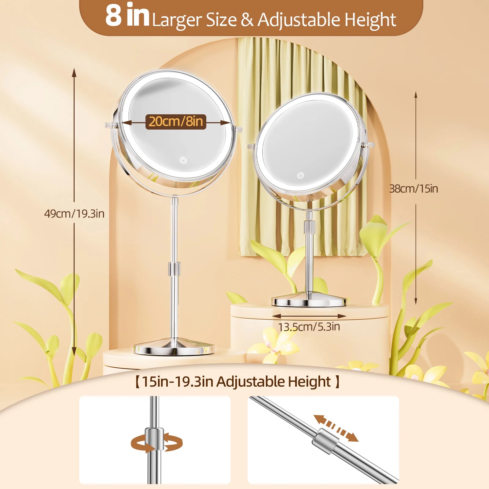 8 Inch Makeup Mirror With Light Lamp 10X Magnification 3 Color Lights Adjustable Brightness Height Standing Mirror - Cheerful Home Finds