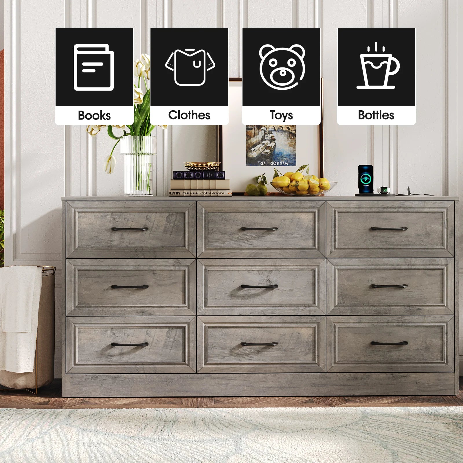 Vabches Wood Dresser for Bedroom 9 Drawer Storage Organizer with Power Outlet and Metal Handles - Cheerful Home Finds