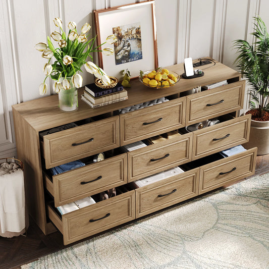 Vabches Wood Dresser for Bedroom 9 Drawer Storage Organizer with Power Outlet and Metal Handles - Cheerful Home Finds