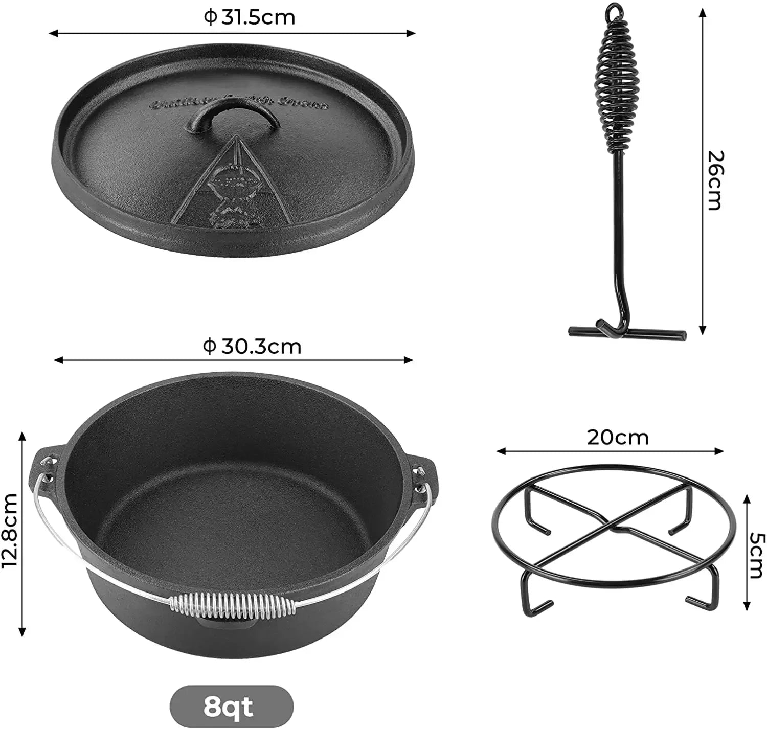 7.5 L Cast Iron Dutch Oven with Lid Lifter Support and Screw Handle for Outdoor and Indoor Cooking Baking and BBQ - Cheerful Home Finds
