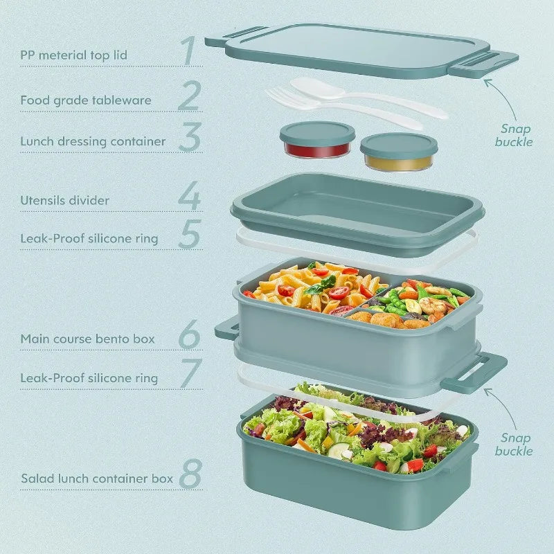 72oz Three Layers All in One Large Bento Box Leak Proof with Utensil Sauce Dressing Containers for Dining Out Work Green