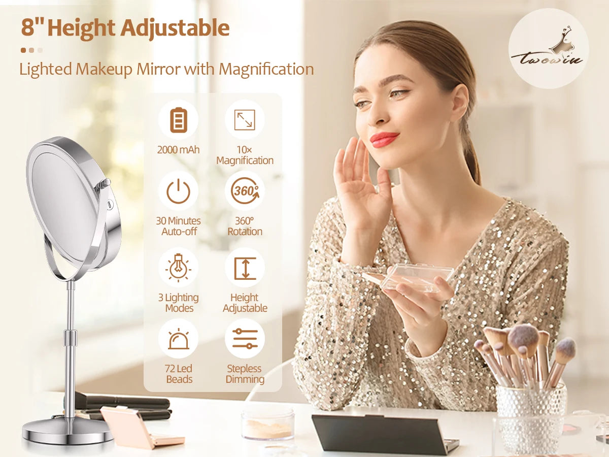 8 Inch Makeup Mirror With Light Lamp 10X Magnification 3 Color Lights Adjustable Brightness Height Standing Mirror - Cheerful Home Finds