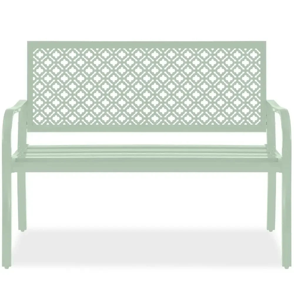 Outdoor Metal Bench for Two Persons Steel Garden Patio Furniture with Geometric Backrest Lightweight Weather Resistant Easy Assembly