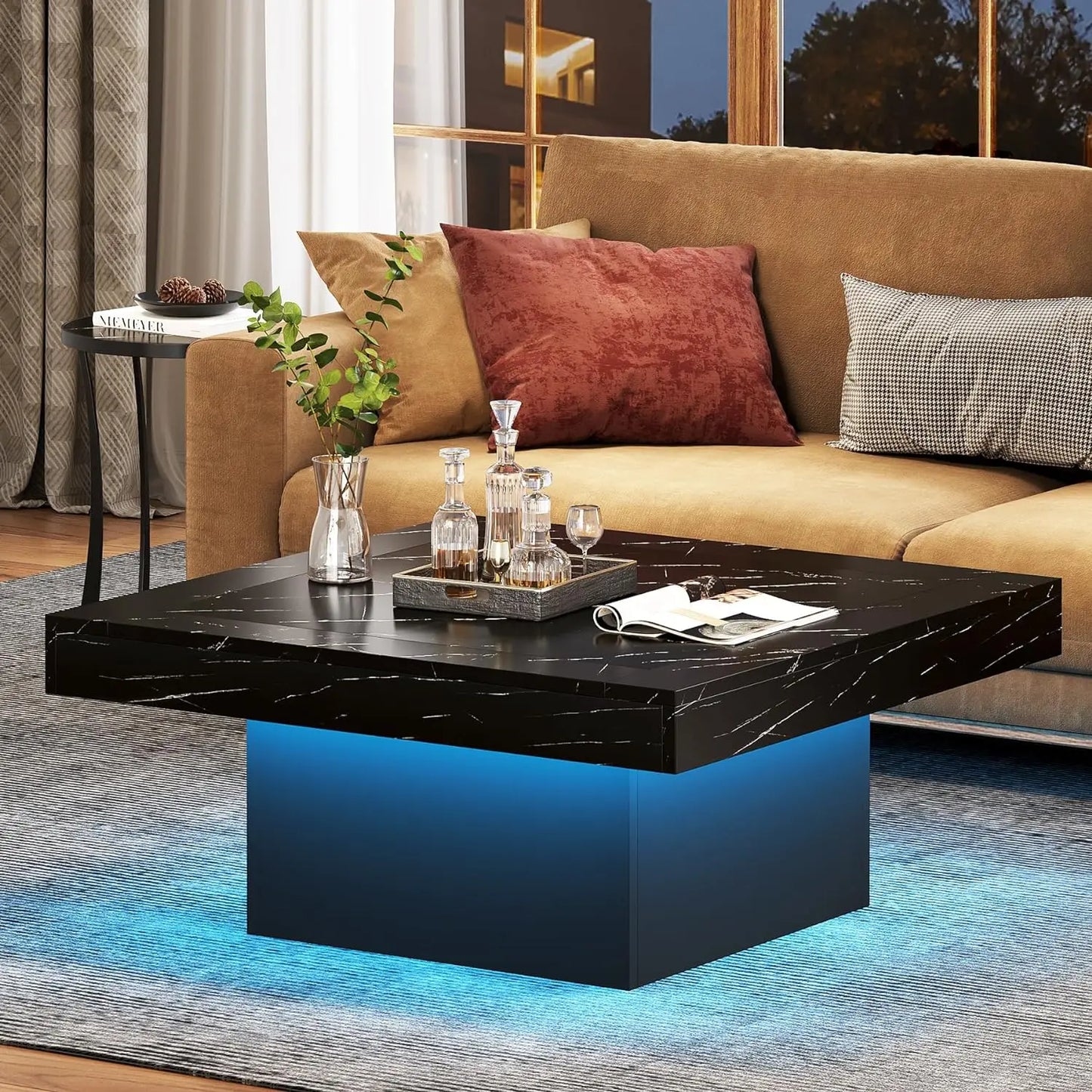 Tribesigns Square LED Coffee Table Engineered Wood Low Coffee Table for Living Room Rustic Brown and Black