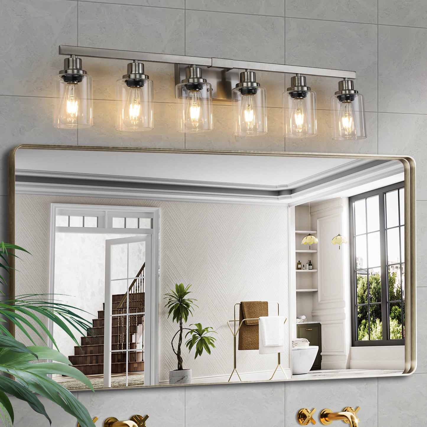 6 Light Bathroom Vanity Light Industrial Metal Fixture with Clear Glass Shades Wall Mount Mirror Lighting for Bathroom No Bulb