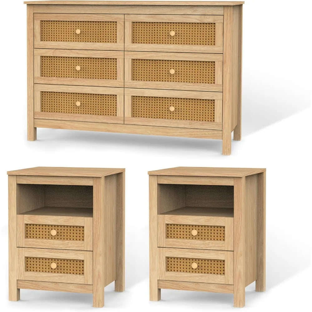 Farmhouse Bedroom Set 3 Pieces Rustic Wood 6 Drawer Dresser Nightstands and Wide Chest of Drawers Furniture