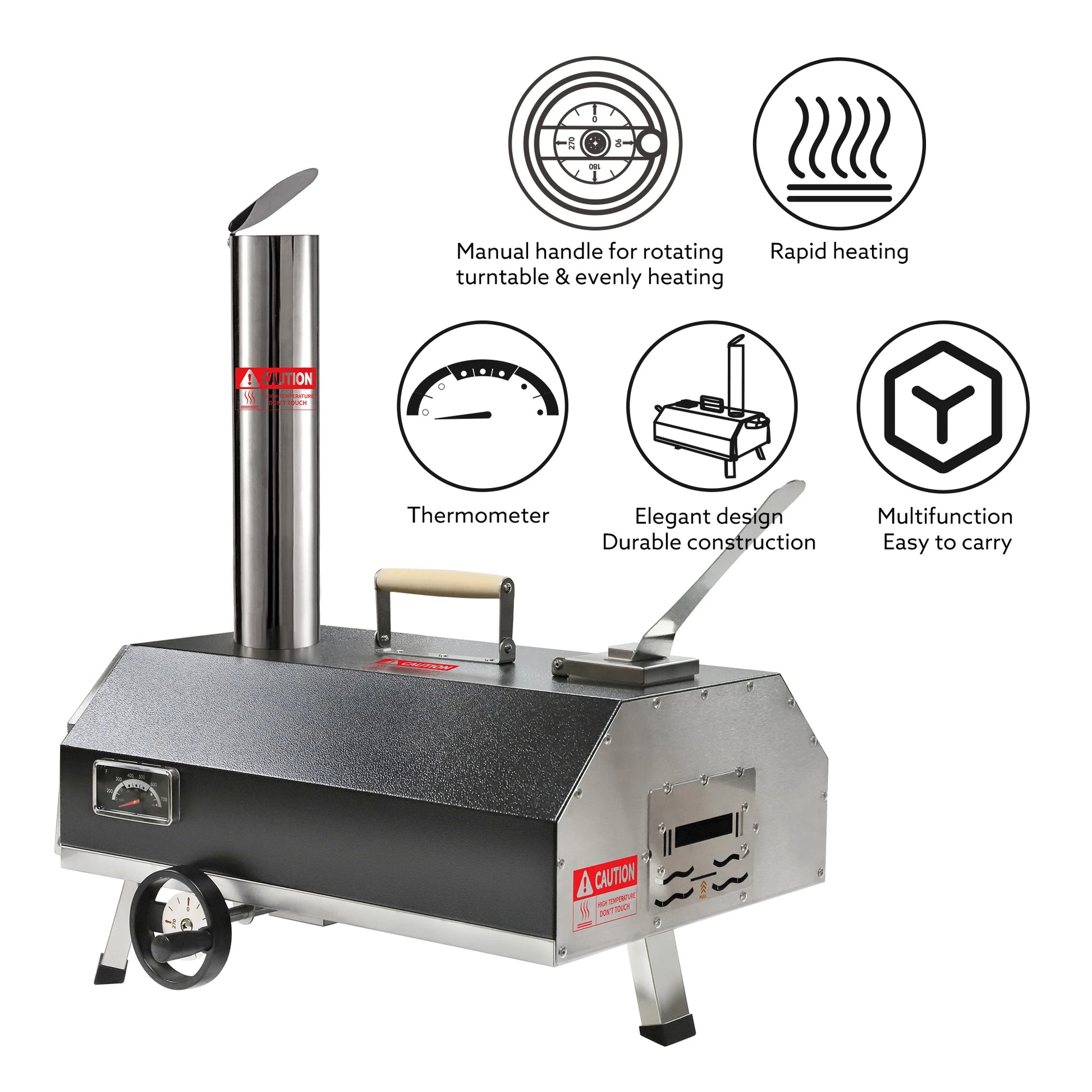 Outdoor Semi-Automatic Rotating Pizza Oven Portable Stainless Steel Wood Fired Pizza Machine with Thermometer Pizza Knife - Cheerful Home Finds