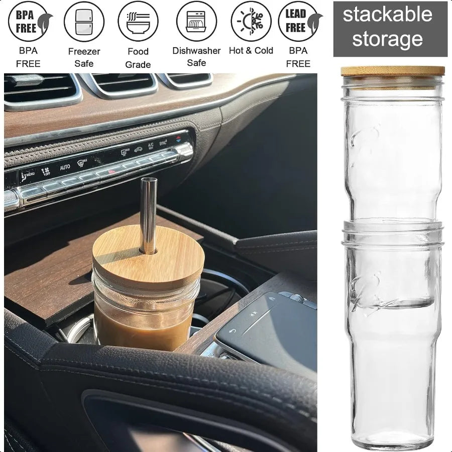 4 Pack Glass Cups with Bamboo Lids and Straws 24 oz Mason Jar Glass Tumblers Reusable Boba Cups Iced Coffee Drinking Glasses