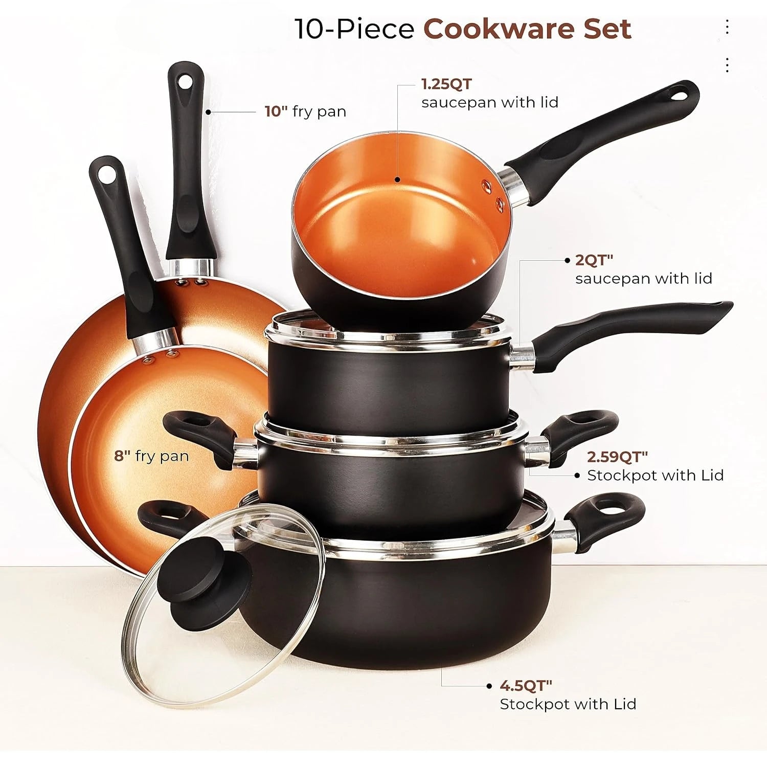10 Pieces Cookware Set Ceramic Nonstick Soup Pot Milk Pot and Frying Pans Set Copper Aluminum Pan with Lid - Cheerful Home Finds