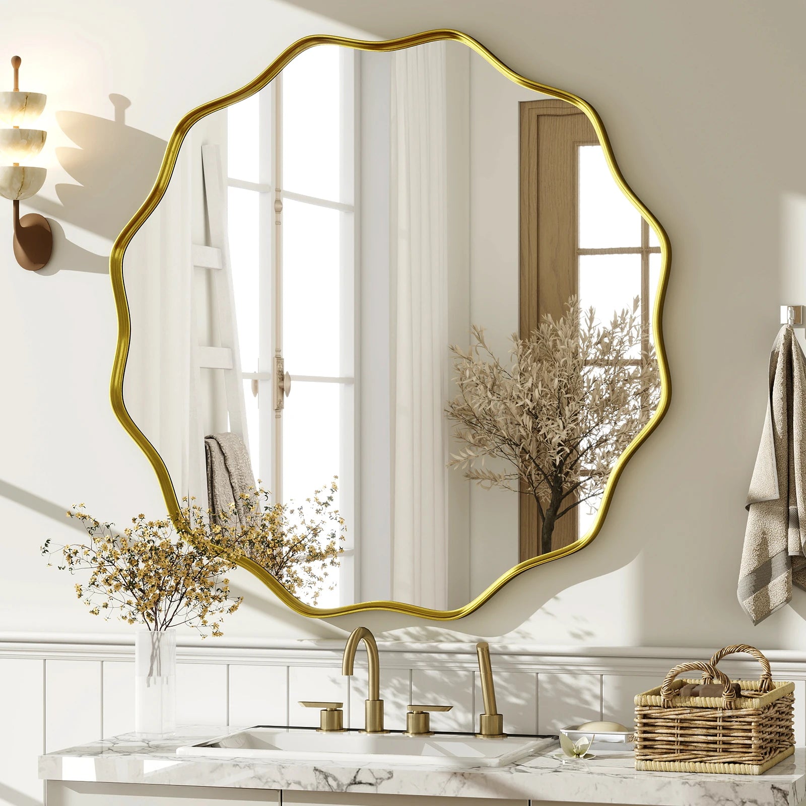 Wavy Round Bathroom Mirror Decorative Wall Mirror with Deep Frame - Cheerful Home Finds