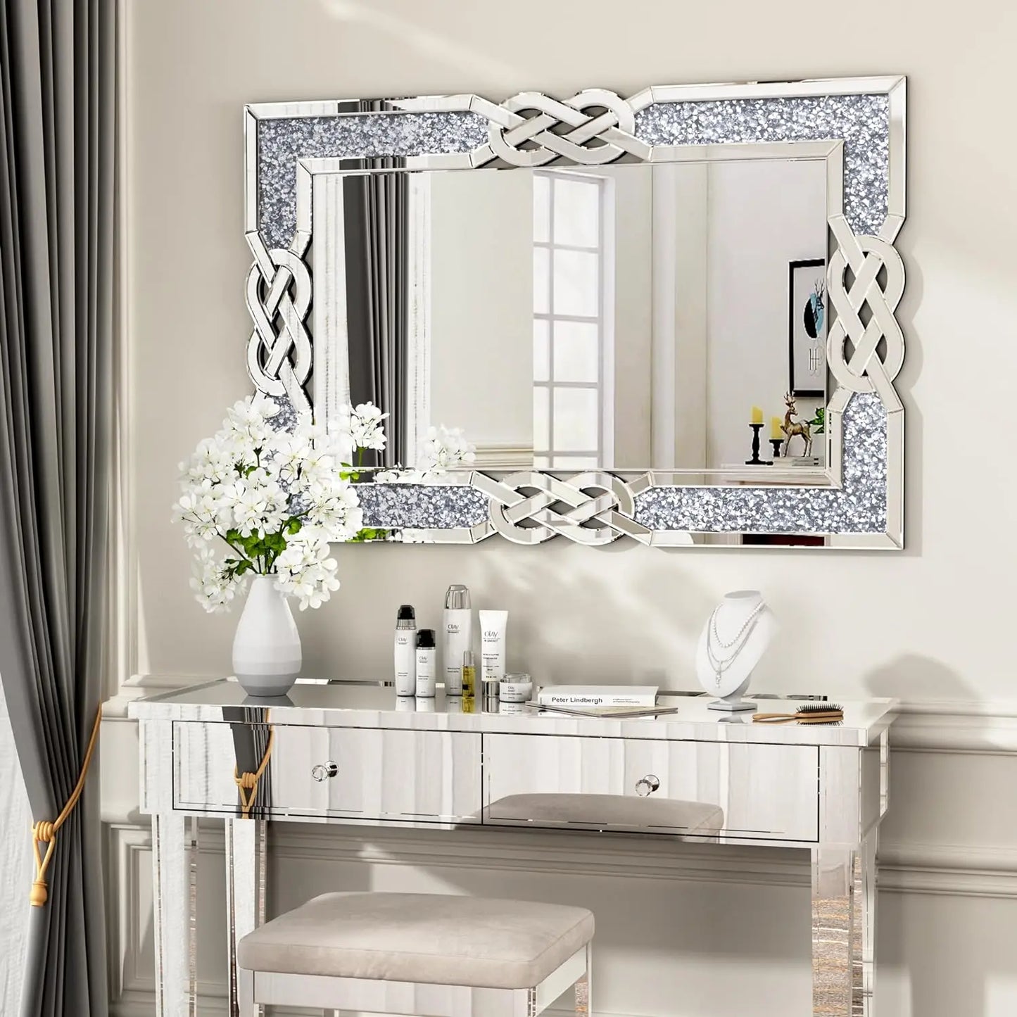 90/100/120CM Large Crystal Crush Diamond Mirror Vanity Silver Decorative Wall Hang Mirror - Cheerful Home Finds