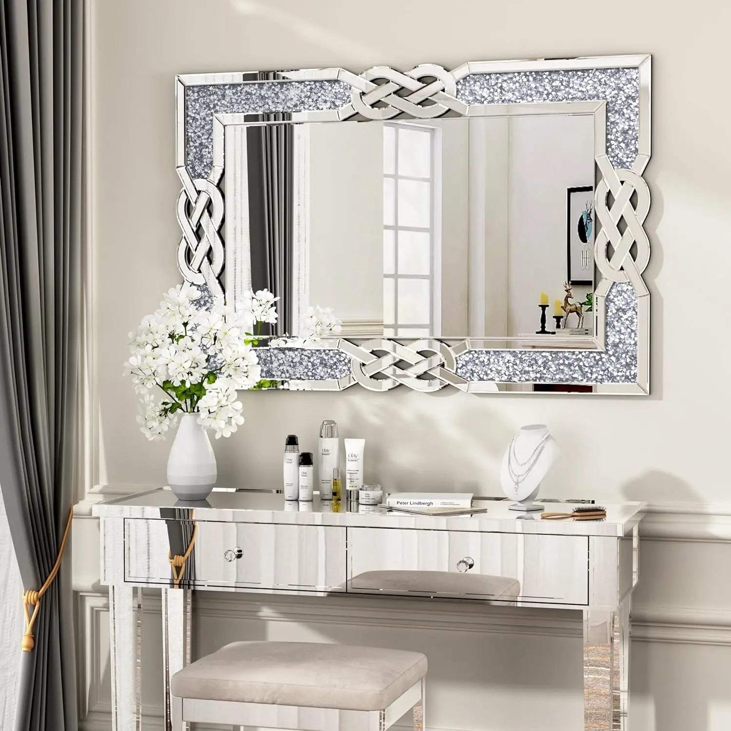90/100/120CM Large Crystal Crush Diamond Mirror Vanity Silver Decorative Wall Hang Mirror - Cheerful Home Finds
