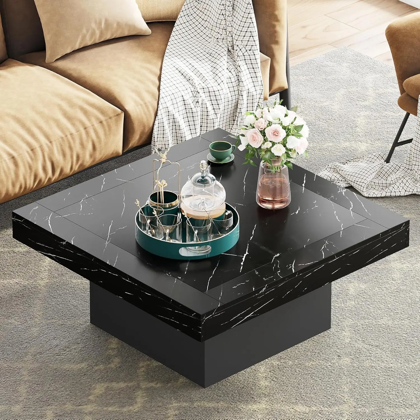 Tribesigns Square LED Coffee Table Engineered Wood Low Coffee Table for Living Room Rustic Brown and Black