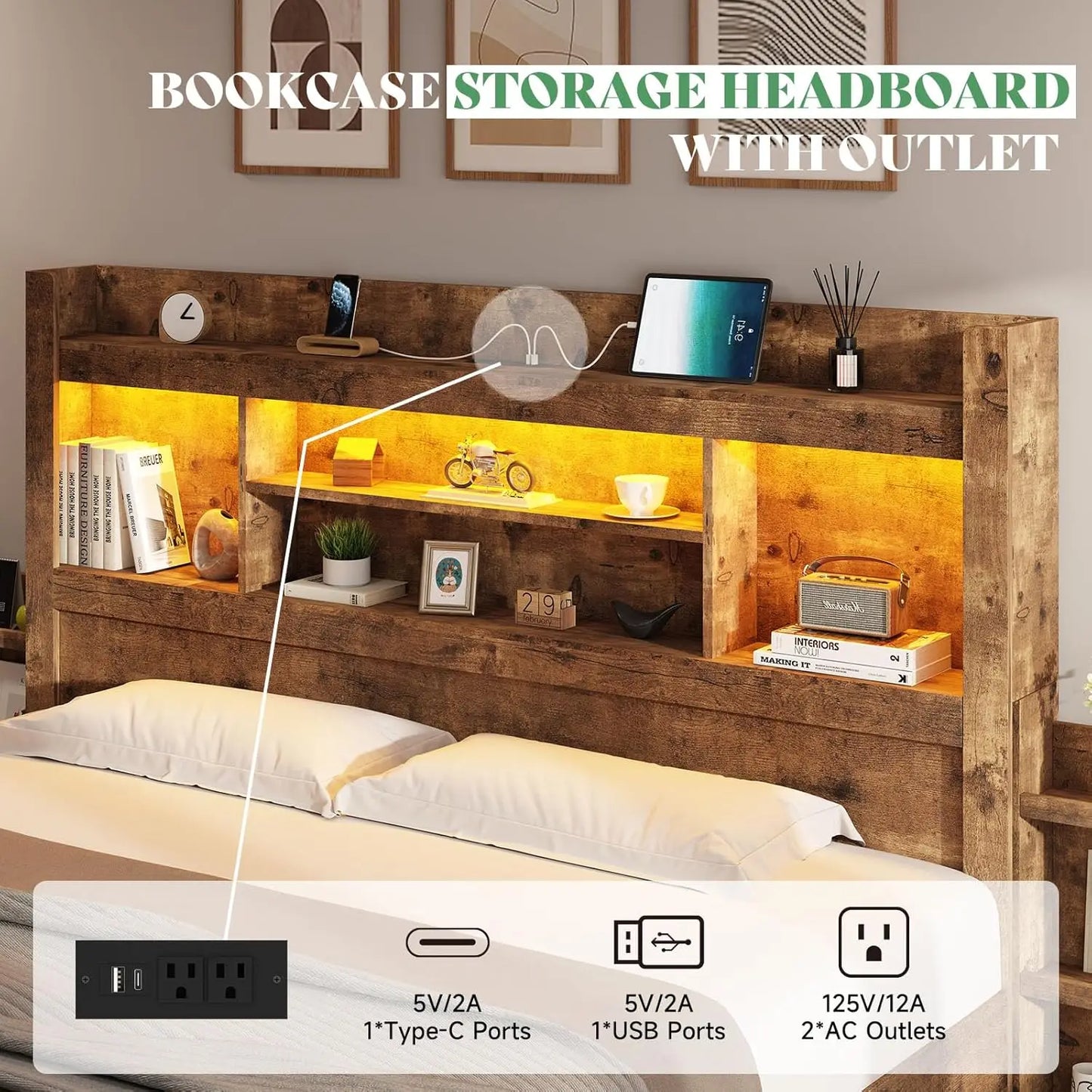 Queen Bed Frame With 4 Storage Drawers Wood Bed Frame With 49.6 Inch Tall Bookcase Headboard LED Platform Bed With Charging - Cheerful Home Finds