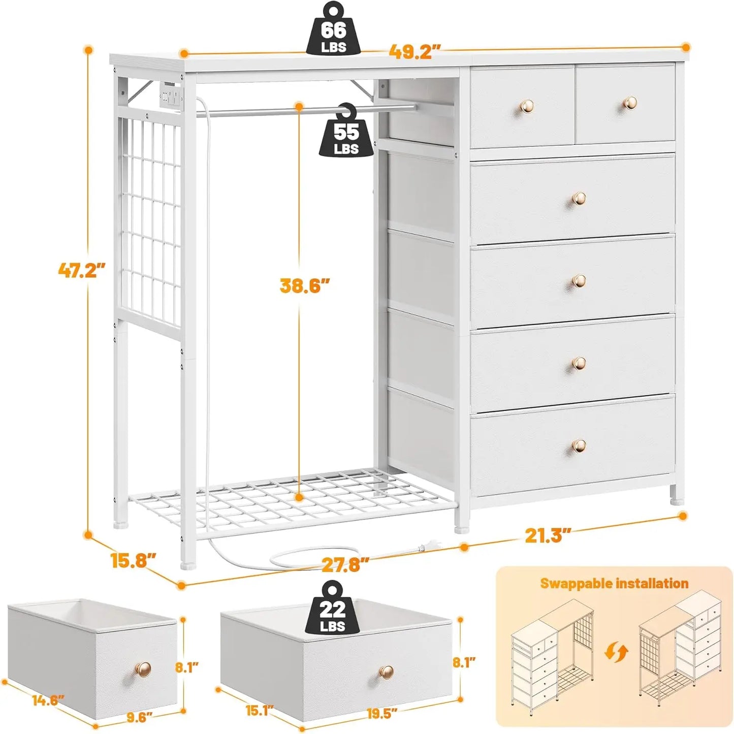 49.2 Inch White Dresser for Bedroom with Hanging Rack and Six Drawers LED Lights and Charging Station Fabric Dressers - Cheerful Home Finds