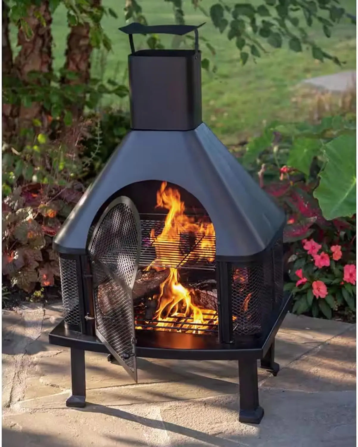 Wood Burning Fireplace Outdoor Steel Chimney Rectangular Fire Bowl Black - Cheerful Home Finds