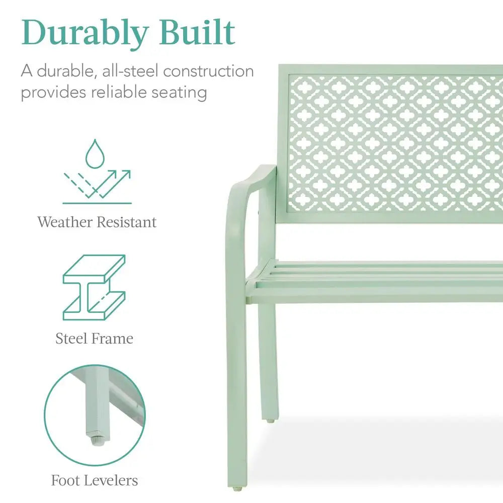 Outdoor Metal Bench for Two Persons Steel Garden Patio Furniture with Geometric Backrest Lightweight Weather Resistant Easy Assembly