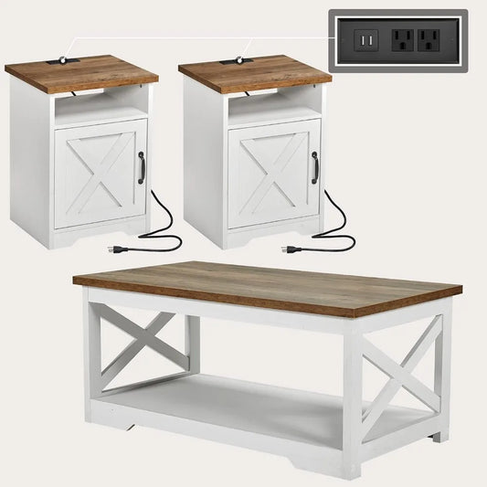 3 Piece Farmhouse Living Room Table Set with Coffee Table and 2 End Tables Charging Station and USB Ports Distressed White