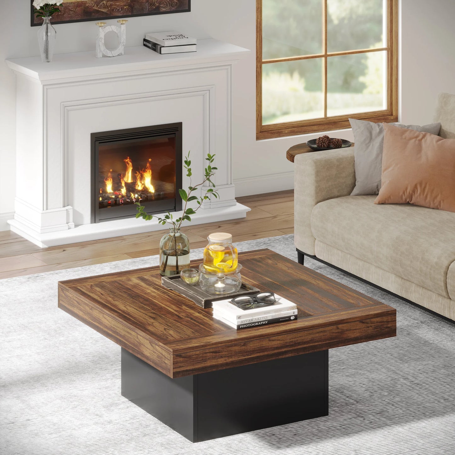 Tribesigns Square LED Coffee Table Engineered Wood Low Coffee Table for Living Room Rustic Brown and Black