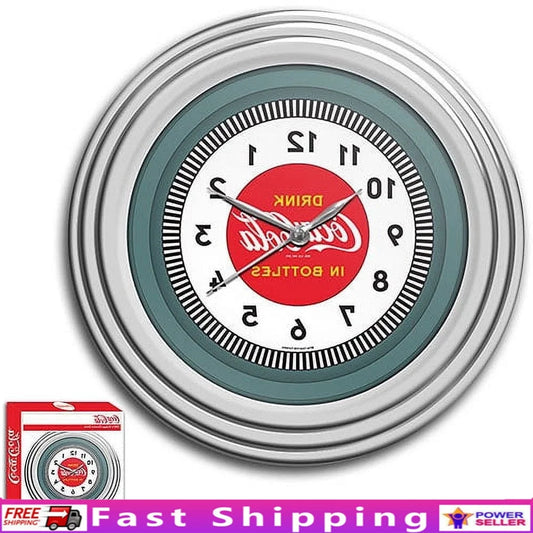 Wall Clock Chrome Finish Vintage Style Acrylic Cover Neon Design Brushed Metal Hands Home Bar Decor