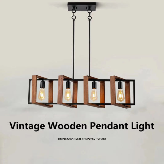 Vintage Industrial Style 4-Head Pendant Light Solid Wood Iron Hanging Lamps for Dining Room and Restaurant Lighting Fixture