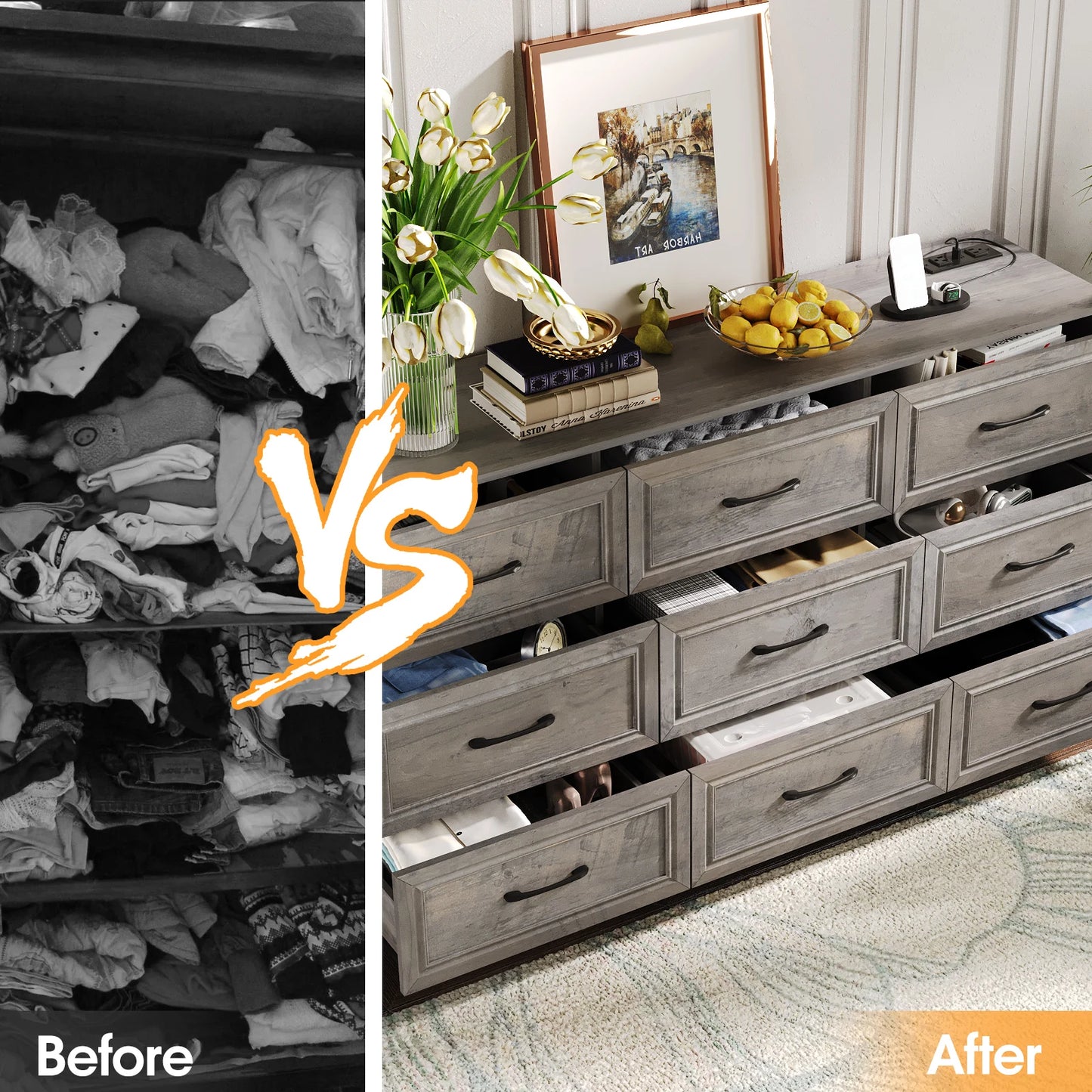 Vabches Wood Dresser for Bedroom 9 Drawer Storage Organizer with Power Outlet and Metal Handles - Cheerful Home Finds
