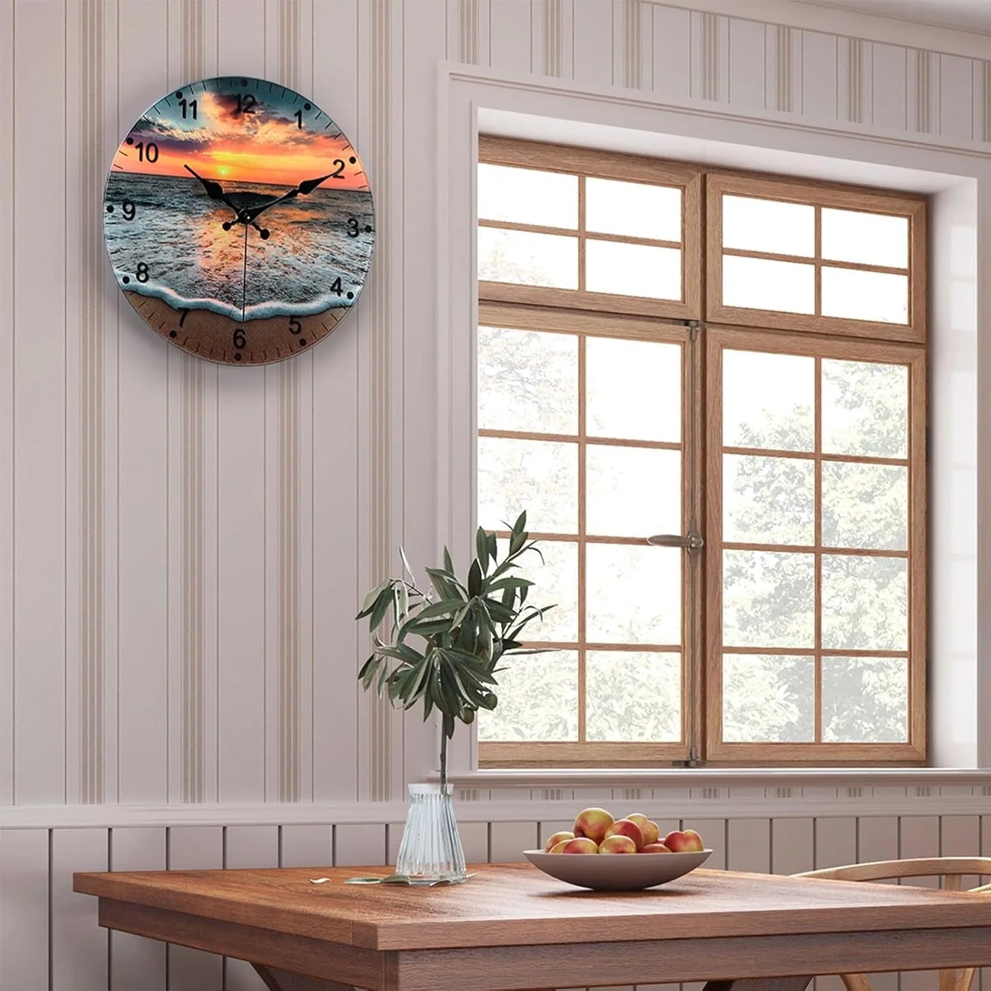 12 Inch Silent Non Ticking Wall Clock Beach Sunrise Glass Battery Operated Analog Clock for Bedroom Living Room Kitchen Office