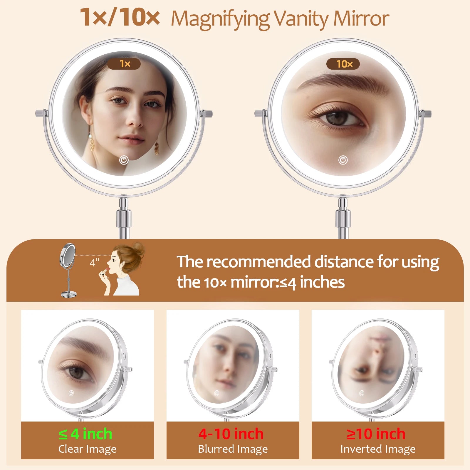 8 Inch Makeup Mirror With Light Lamp 10X Magnification 3 Color Lights Adjustable Brightness Height Standing Mirror - Cheerful Home Finds