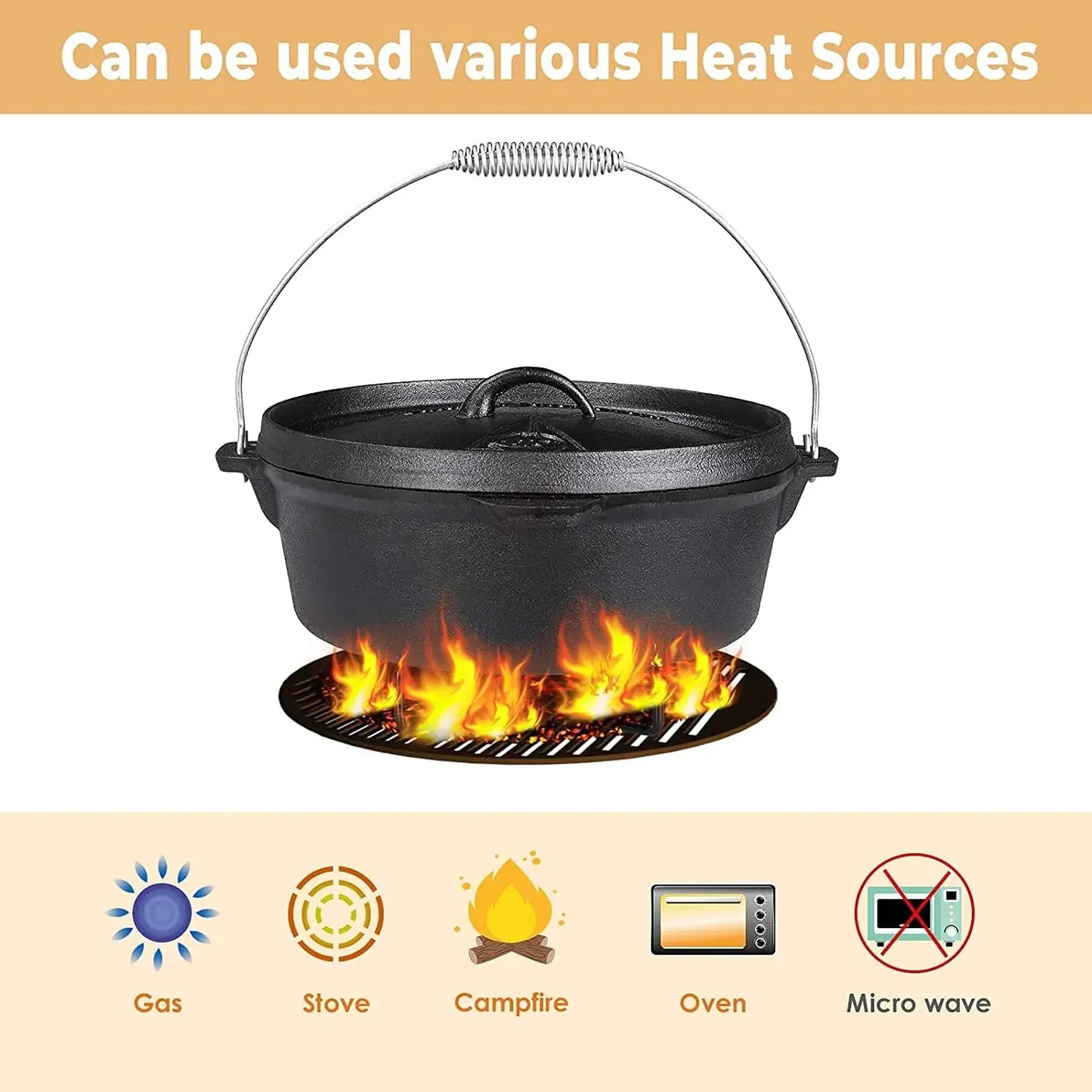 7.5 L Cast Iron Dutch Oven with Lid Lifter Support and Screw Handle for Outdoor and Indoor Cooking Baking and BBQ - Cheerful Home Finds